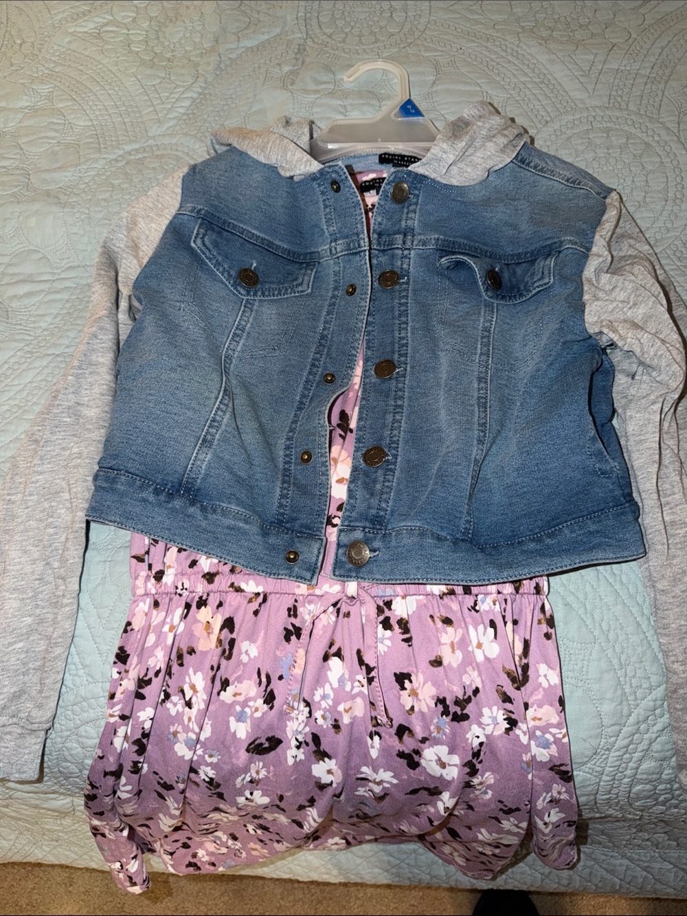 Kids Denim Hooded Jacket with Gray Sleeves and dress